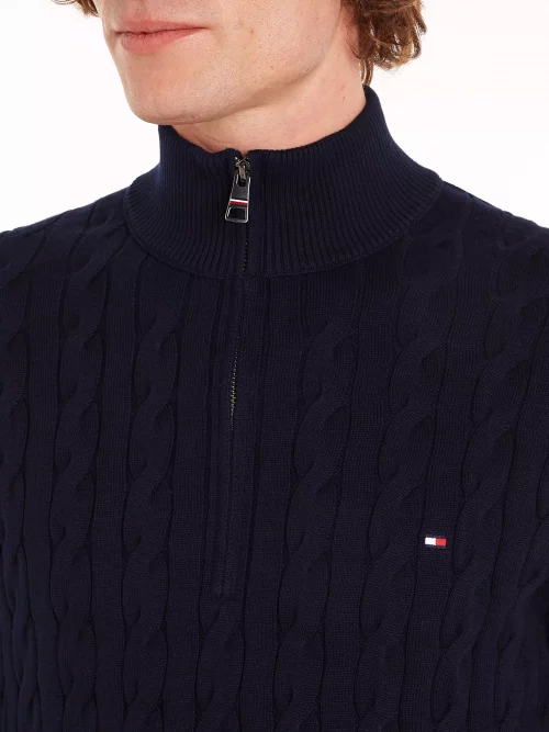 Pull Col Cheminee Torsade 1/2 Zip Bleu Fonce – Image 3