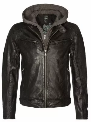 Cuir Blouson Agneau Capuche Molleton Noir Fonce