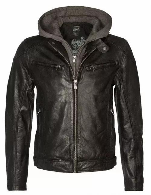 Cuir Blouson Agneau Capuche Molleton Noir Fonce