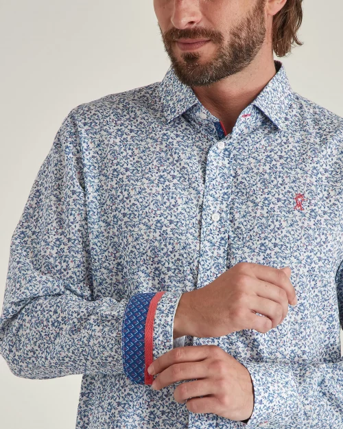 Chemise Manches Longues Sport Imprime Fleurs Bleu Moyen