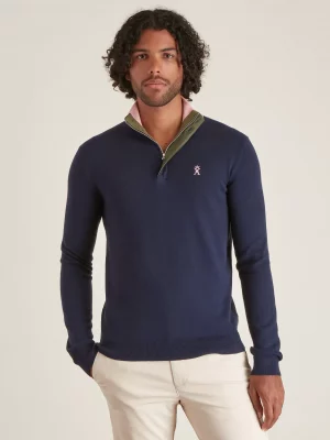 Pull Col Cheminee Coton Laine 1/2 Zip Bleu Fonce