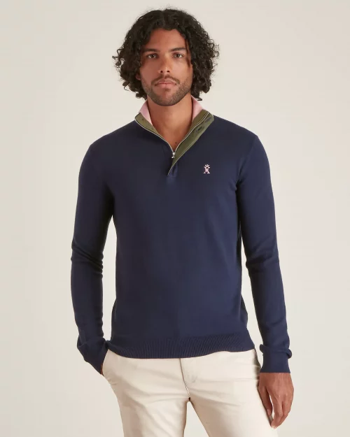 Pull Col Cheminee Coton Laine 1/2 Zip Bleu Fonce