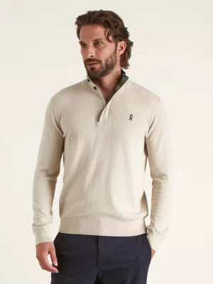 Pull Col Cheminee Coton Laine 1/2 Zip Beige Moyen