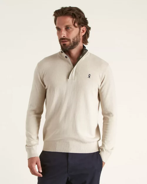 Pull Col Cheminee Coton Laine 1/2 Zip Beige Moyen