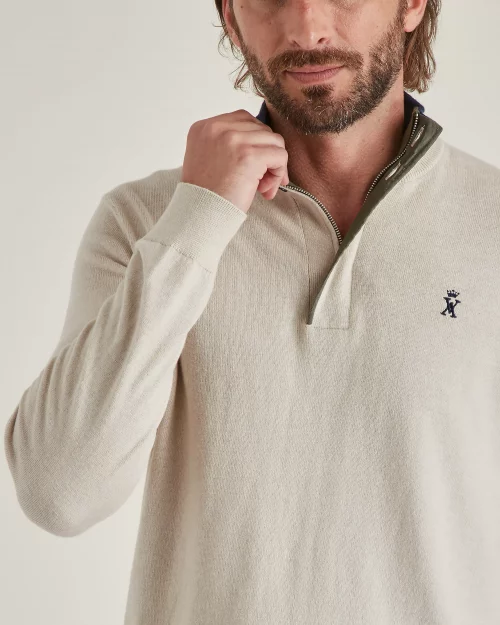Pull Col Cheminee Coton Laine 1/2 Zip Beige Moyen – Image 2