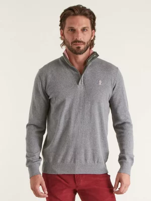 Pull Col Cheminee Coton Laine 1/2 Zip Gris Moyen