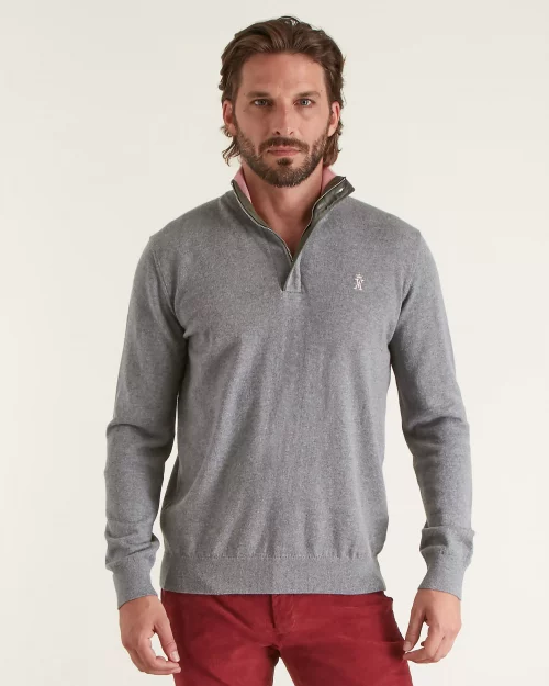 Pull Col Cheminee Coton Laine 1/2 Zip Gris Moyen