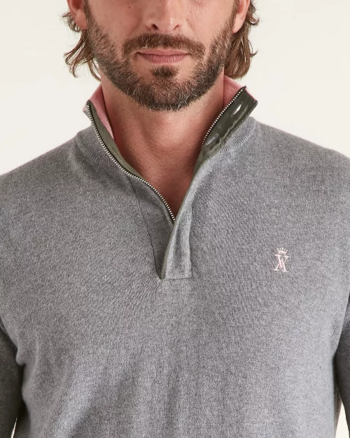 Pull Col Cheminee Coton Laine 1/2 Zip Gris Moyen – Image 3