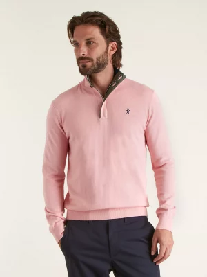 Pull Col Cheminee Coton Laine 1/2 Zip Rose Clair