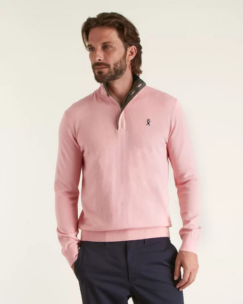 Pull Col Cheminee Coton Laine 1/2 Zip Rose Clair