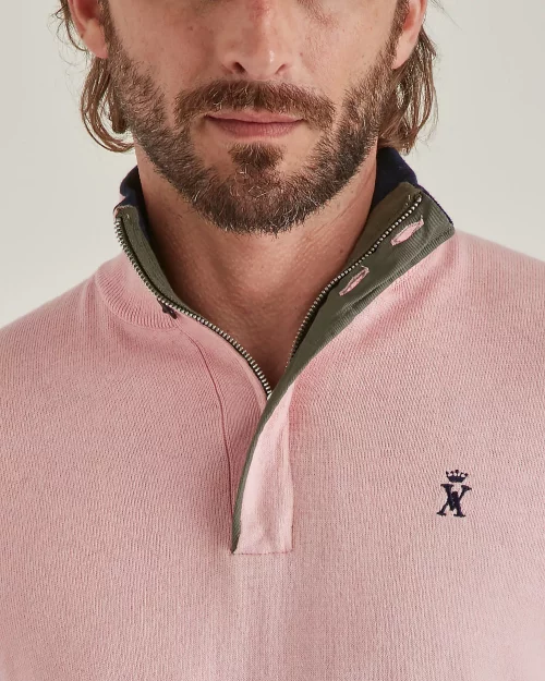 Pull Col Cheminee Coton Laine 1/2 Zip Rose Clair – Image 3