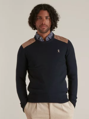 Pull Col Rond Coton Laine Epaules Suedine Bleu Fonce