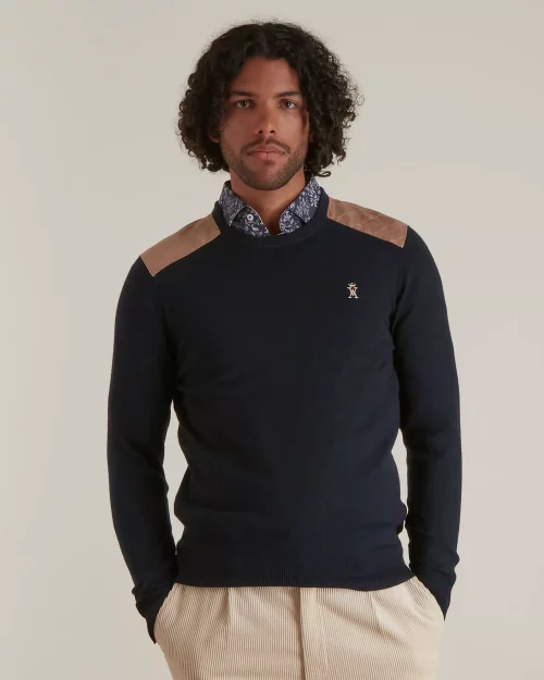 Pull Col Rond Coton Laine Epaules Suedine Bleu Fonce