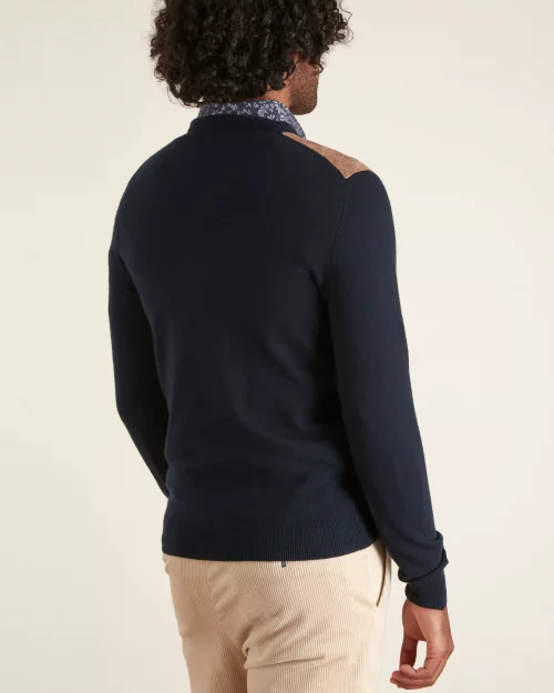 Pull Col Rond Coton Laine Epaules Suedine Bleu Fonce – Image 2