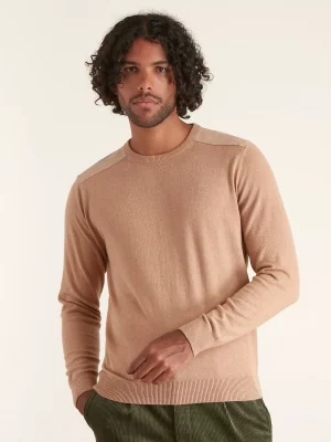 Pull Col Rond Coton Laine Epaules Suedine Beige Clair
