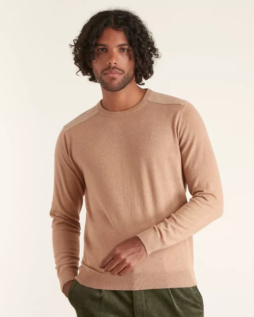 Pull Col Rond Coton Laine Epaules Suedine Beige Clair