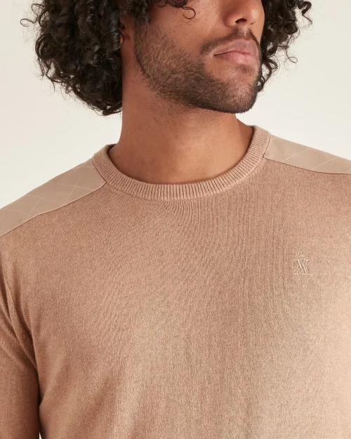 Pull Col Rond Coton Laine Epaules Suedine Beige Clair – Image 3