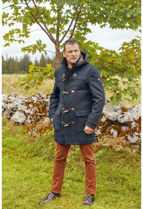 Grosse Piece Manteau Duffle Laine Brandebourg Bleu Fonce