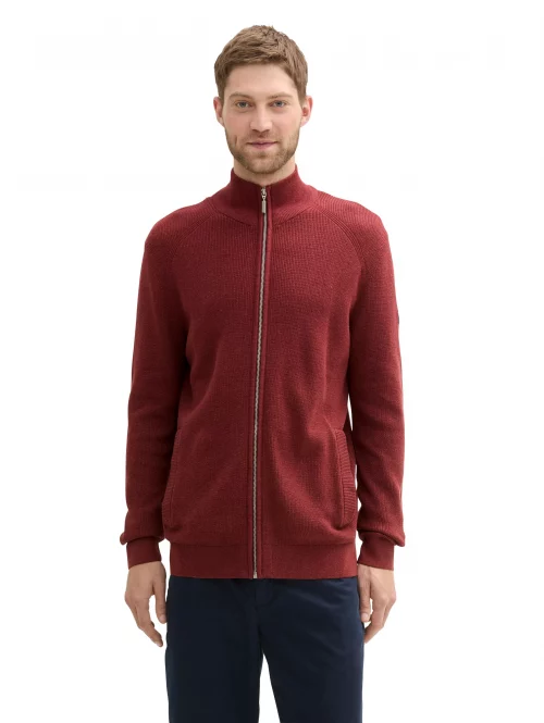 Gilet Manches Longues Tricot Zip Uni Rouge Fonce