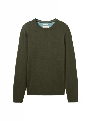 Pull Col Rond Coton Uni Kaki Fonce