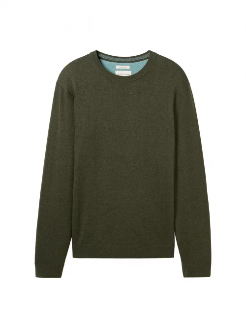 Pull Col Rond Coton Uni Kaki Fonce
