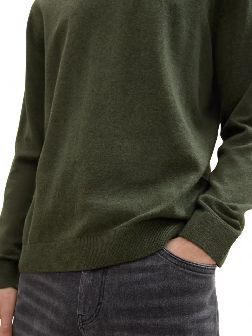 Pull Col Rond Coton Uni Kaki Fonce – Image 3