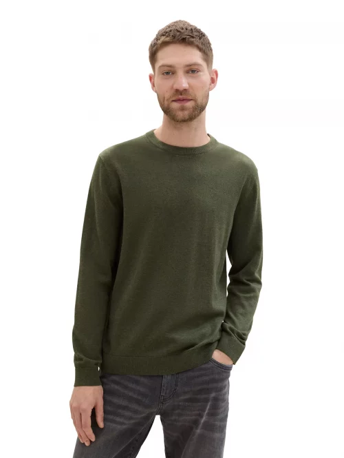 Pull Col Rond Coton Uni Kaki Fonce – Image 4