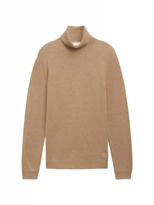Pull Col Roule Coton Uni Beige Moyen