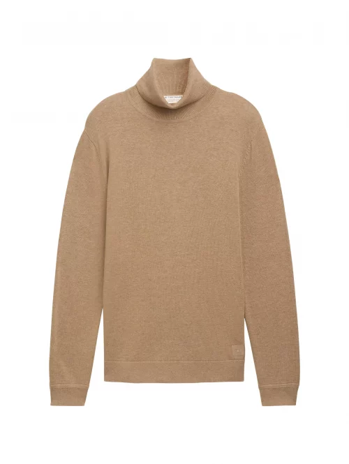Pull Col Roule Coton Uni Beige Moyen
