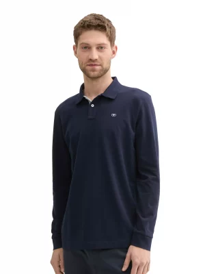 Polo Manches Longues Pique Uni Bleu Fonce