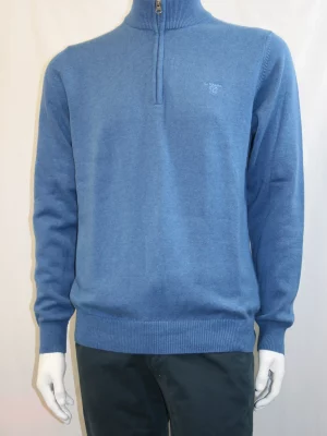 Pull Col Cheminee Coton Laine Bleu Moyen