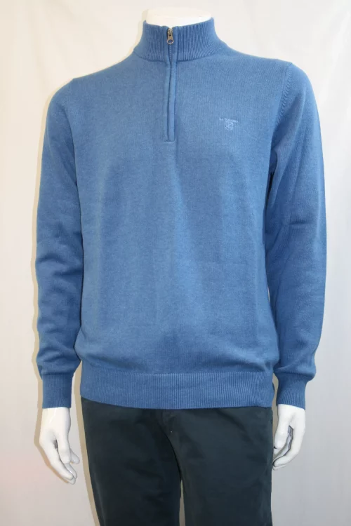 Pull Col Cheminee Coton Laine Bleu Moyen