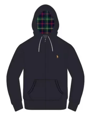 Gilet Manches Longues Molleton Zip Capuche Tartan Bleu Fonce