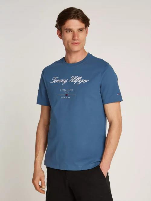 T-shirt Manches Courtes Broderie Italique Bleu Moyen