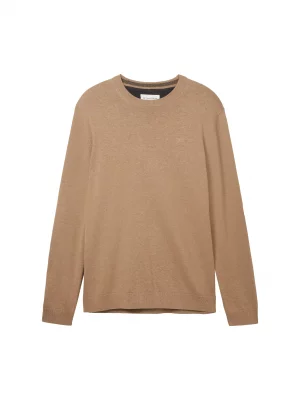 Pull Col Rond Coton Uni Beige Moyen
