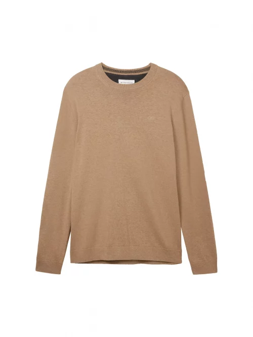 Pull Col Rond Coton Uni Beige Moyen