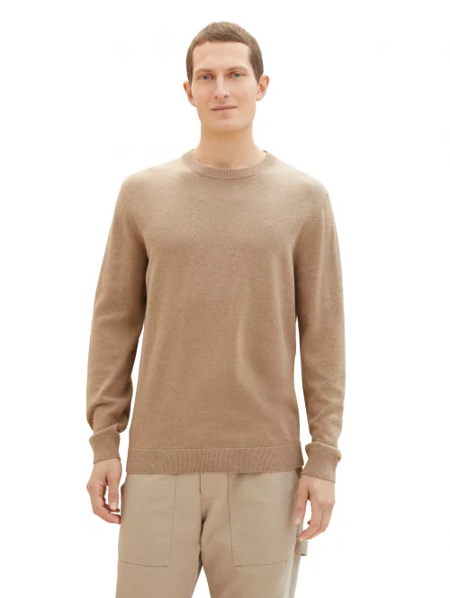 Pull Col Rond Coton Uni Beige Moyen – Image 3