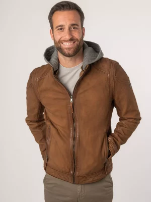 Cuir Blouson Agneau Capuche Molleon Amovible Beige Moyen