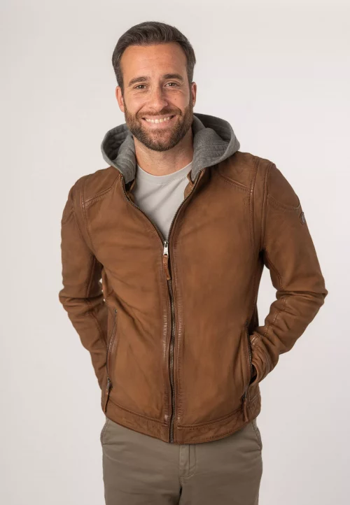 Cuir Blouson Agneau Capuche Molleon Amovible Beige Moyen