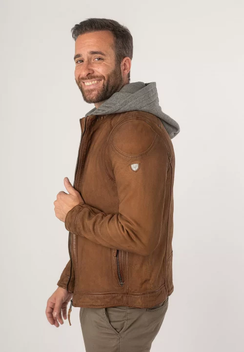Cuir Blouson Agneau Capuche Molleon Amovible Beige Moyen – Image 3
