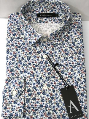Chemise Manches Longues Ville Fleurs Bleues Modern-2 Bleu Moyen