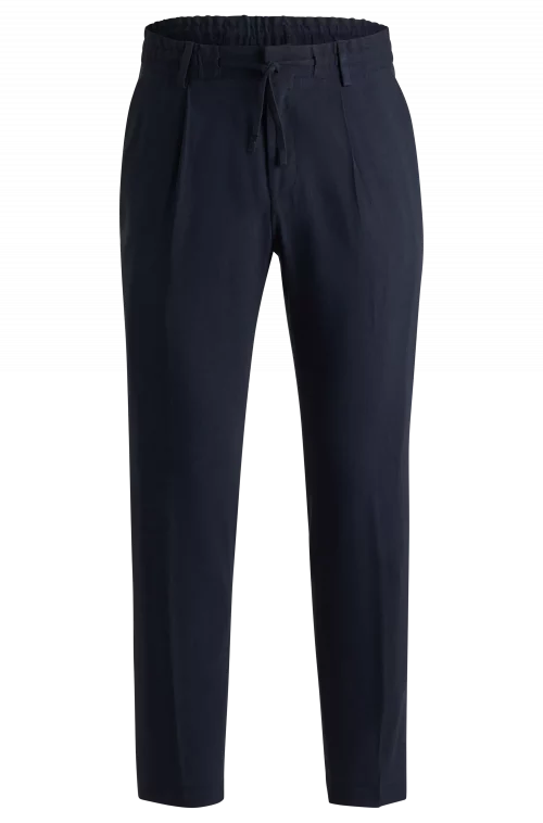 Pantalon Ville Lin Uni Pli Bleu Fonce