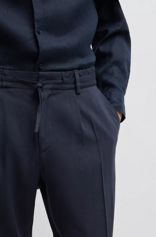 Pantalon Ville Lin Uni Pli Bleu Fonce – Image 4