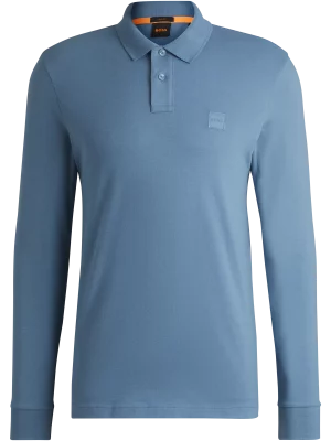 Polo Manches Longues Uni Pique Bleu Moyen