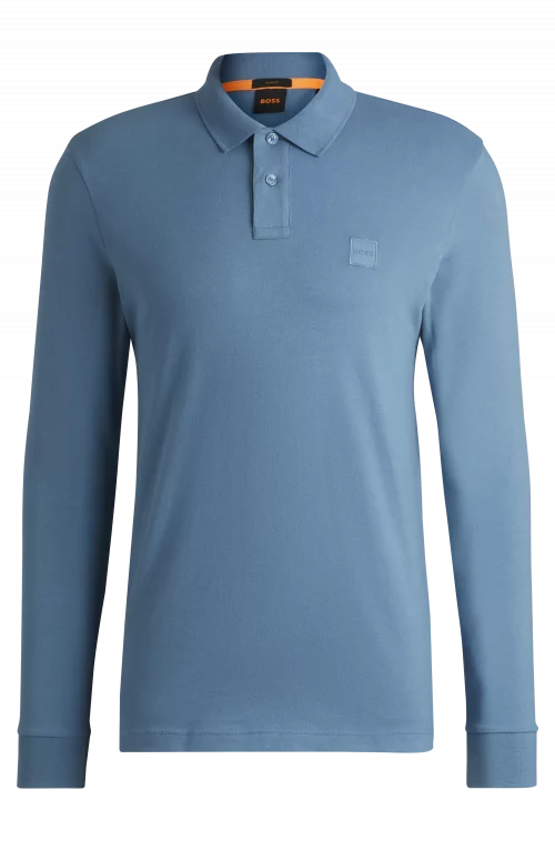 Polo Manches Longues Uni Pique Bleu Moyen