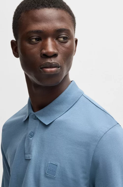 Polo Manches Longues Uni Pique Bleu Moyen – Image 2