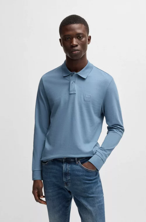 Polo Manches Longues Uni Pique Bleu Moyen – Image 3