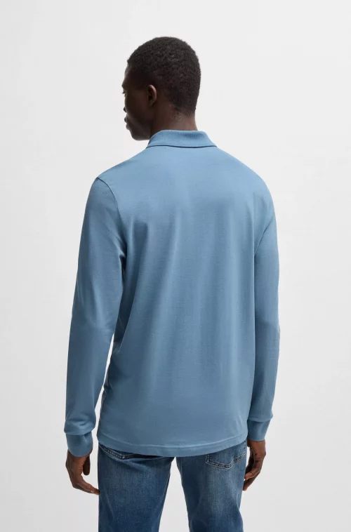 Polo Manches Longues Uni Pique Bleu Moyen – Image 4
