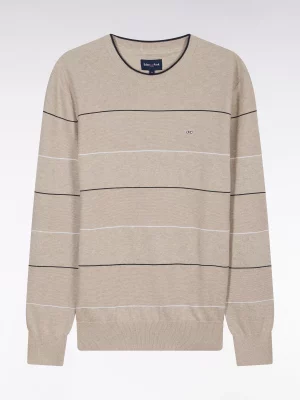 Pull Col Rond Fine Rayure Beige Moyen
