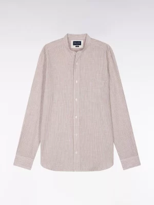 Chemise Manches Longues Sport Col Mao Rayure Beige Moyen